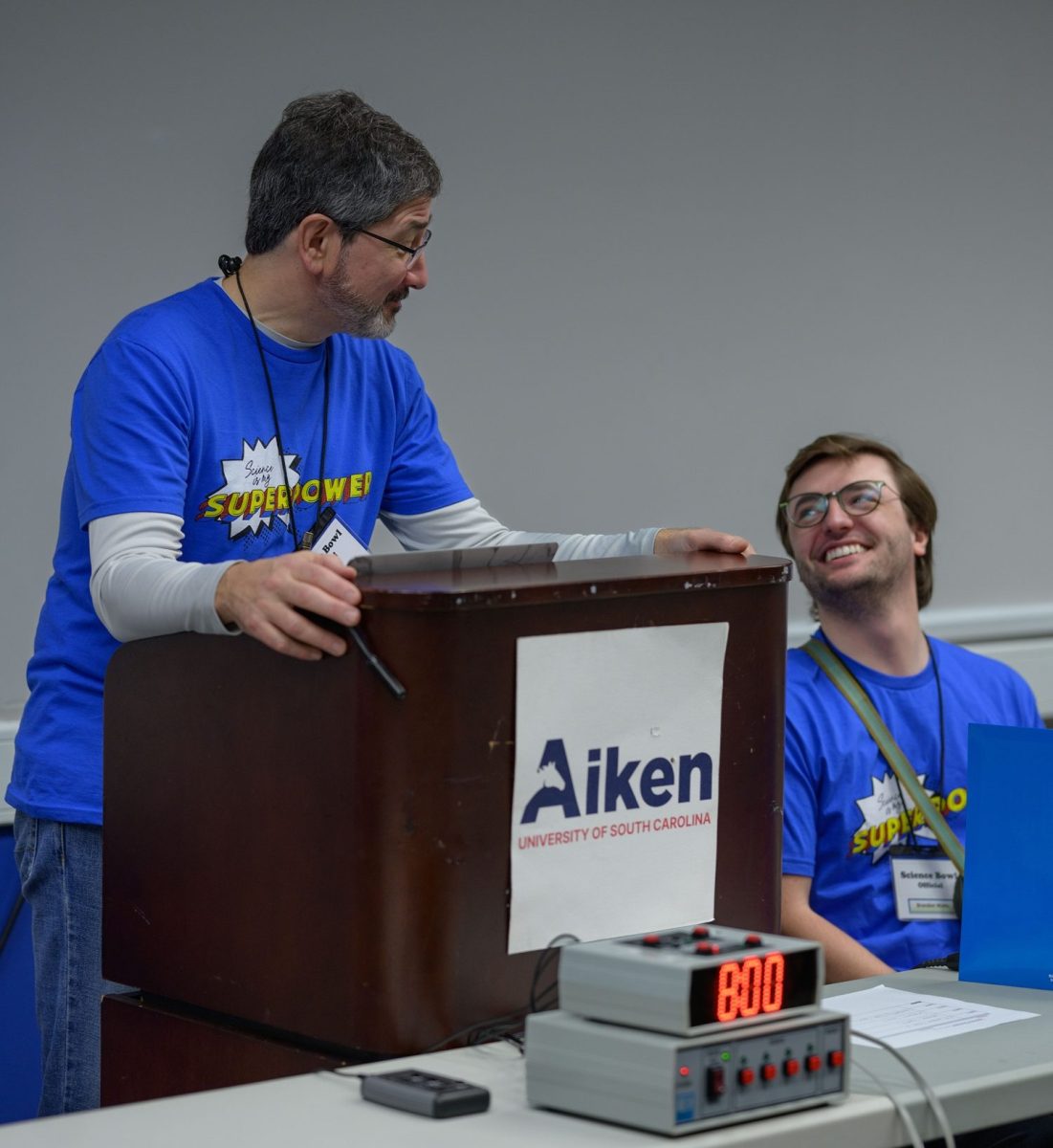 Robert Lascola, Savannah River National Laboratory Advisory Scientist, and Brandon Watts, SRNS Process Engineer, volunteer as moderator and question judge during the competition.