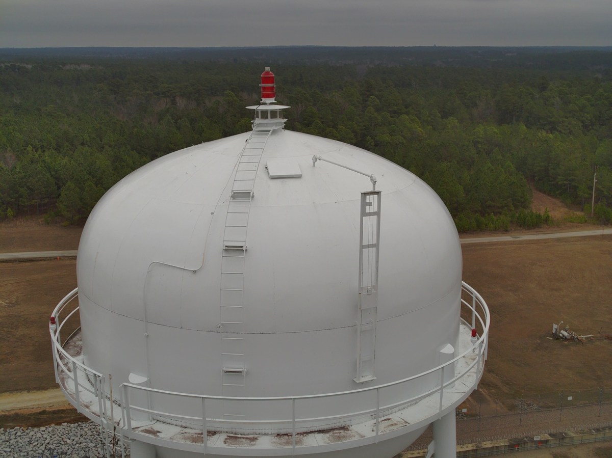 Drone footage captures comprehensive visual imagery of a domestic water tower in the Site’s K Area.