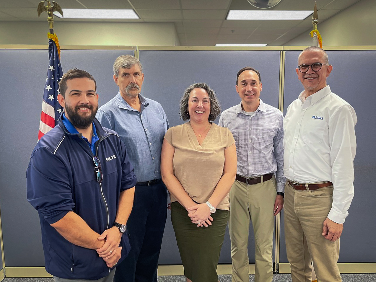 The SRNS Office of Innovation team. From right: Director Greg Cefus; Jared Clark; Plant-Directed Research and Development (PDRD) Program Manager; Christina Cannella, Program Coordinator; and PDRD Portfolio Managers Paul Korinko and Chris Burke. Not pictured: David Tamburello, PDRD Portfolio Manager.