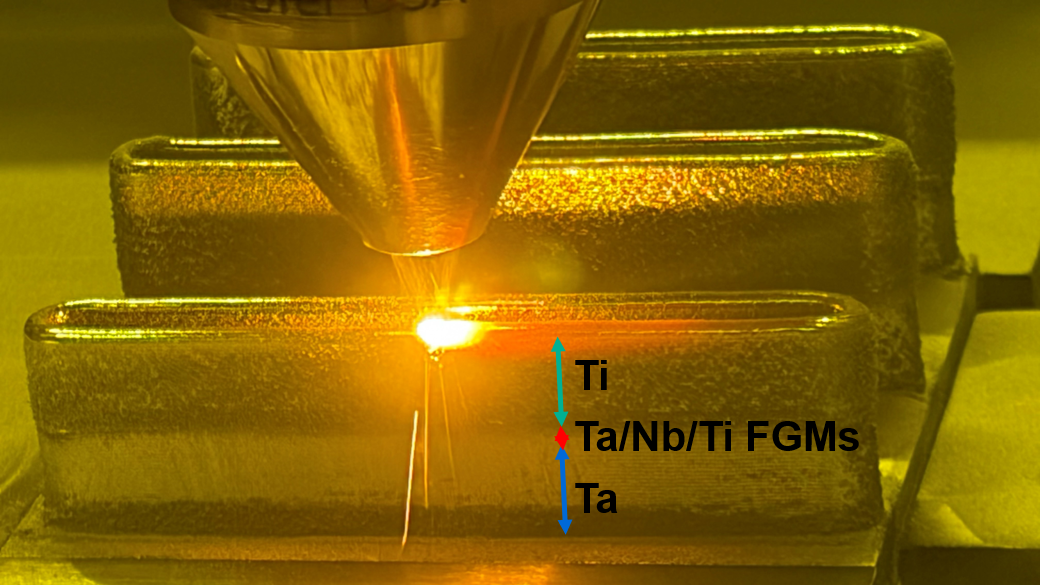 Laser Directed Energy Deposition of titanium on the single-wall coupon. (Photo courtesy of Savannah River National Laboratory Guru Dinda)